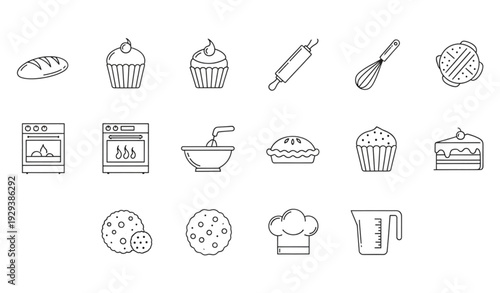 A set of baking icons including food and kitchen tools in a minimalist line art style