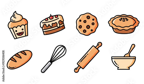 A set of colorful baking icons including desserts and tools