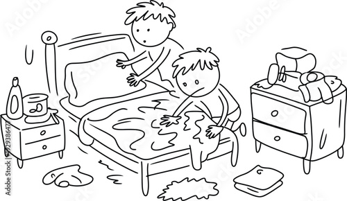 Children creating a big mess in their bedroom playing around with sheets and pillows