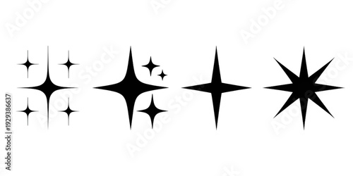 Four distinct star shapes with varying numbers of pointed rays and sizes isolated on transparent background