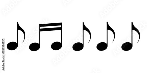 A sequence of musical notes showcasing different rhythmic values in black and white isolated on transparent background