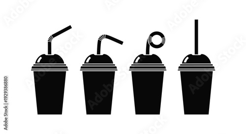 Black silhouette vector set of disposable plastic drink cups with dome lids and various straw shapes for cafe icons