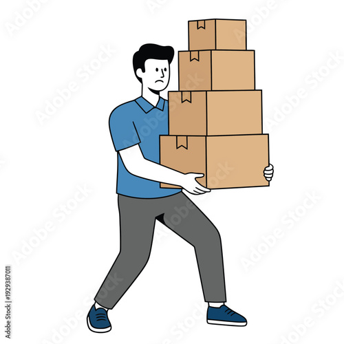 Man struggling to carry a tall stack of heavy cardboard boxes, representing logistics or moving challenges.