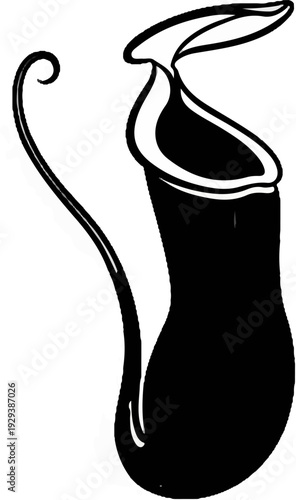 Black and white illustration of a pitcher plant with a curved tendril