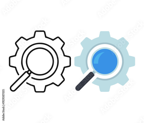 magnifying glass over gear, outline and colored vector icon design