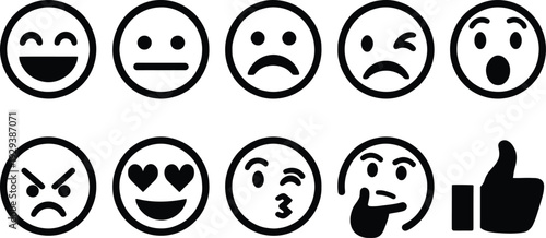 Emotions Collection: A simple collection of black emoji icons expressing a wide range of emotions and sentiments, each conveying a different mood and state of mind. 