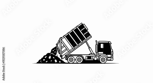 Black and white outline illustration of a dump truck unloading debris