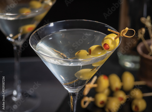Dirty martini with olives on a pick on a dark background