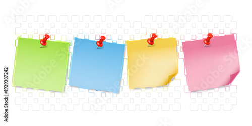 Colorful sticky notes attached to a white wall in a row isolated on transparent background