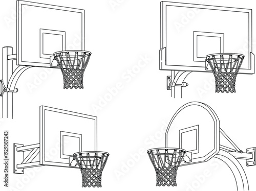Basketball hoop and backboard line art collection isolated on white background detailed sports equipment vector illustration set