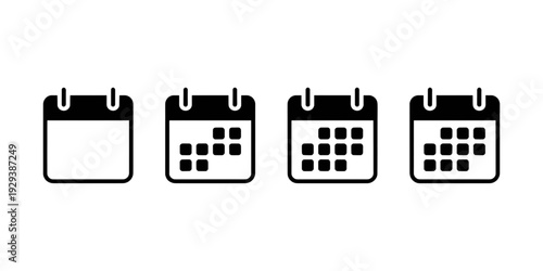 Four different calendar icons with varying levels of detail and complexity isolated on transparent background