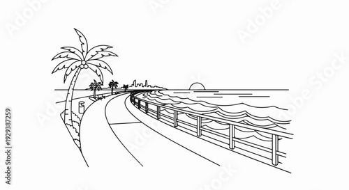 Coastal path with palm trees, city skyline, and ocean sunset