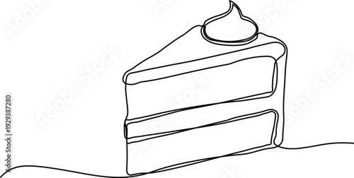 Continuous black line art drawing of a delicious cake slice with frosting