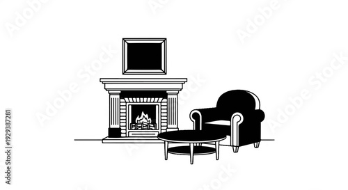 Cozy living room scene with a fireplace, armchair, and coffee table