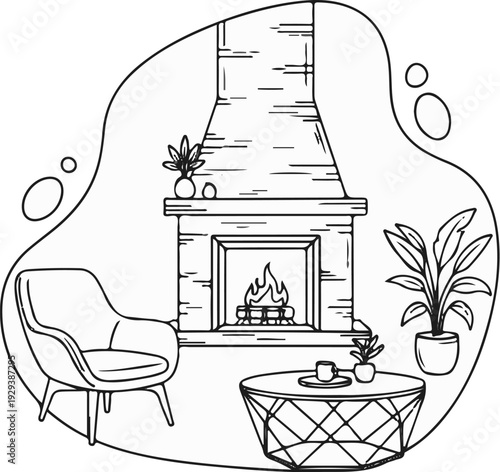 Cozy living room with fireplace, armchair, and plants