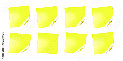 A collection of ten yellow sticky notes scattered across a white background. isolated on transparent background