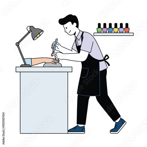 Manicurist giving a nail treatment with tools and polish bottles, offering beauty and salon services.