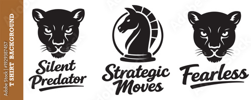 Three stylish vintage tshirt design concepts featuring fierce panther faces and a knight chess piece logo with bold typography