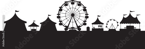 Black silhouette of amusement park with ferris wheels and pavilions