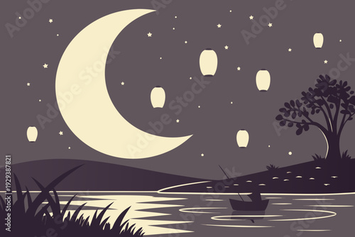 Crescent Moon Night Sky with Floating Lanterns Dreamy Reflection Scene