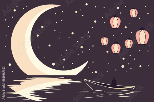 Crescent Moon Night Sky with Floating Lanterns Dreamy Reflection Scene
