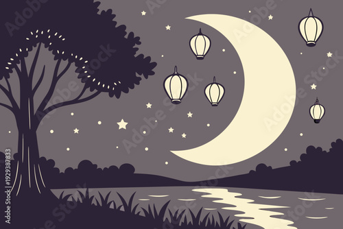Crescent Moon Night Sky with Floating Lanterns Dreamy Reflection Scene