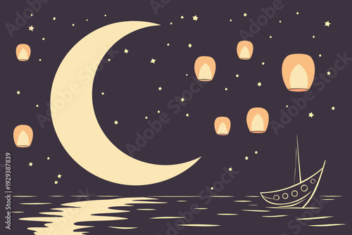 Crescent Moon Night Sky with Floating Lanterns Dreamy Reflection Scene