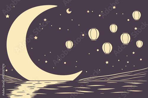 Crescent Moon Night Sky with Floating Lanterns Dreamy Reflection Scene