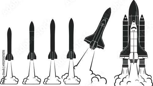 Black silhouette illustrations of rocket launches, space shuttle liftoff, exhaust plumes, technological progression, aerospace design, spacecraft evolution, launch sequence, exploration vector