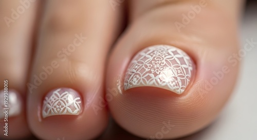 Elegant White Lace Nail Art Design on Big Toe Close Up Macro Pedicure Detail