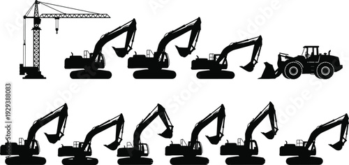 Construction machinery silhouette set with excavators, crane and tractor isolated on white background vector illustration collection
