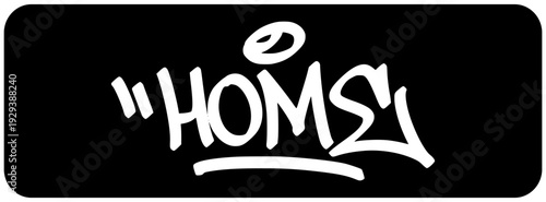 Home Graffiti Tag White. Bold Urban Street Art Lettering on Black Background for Interior Identity and Domestic Lifestyle Branding.