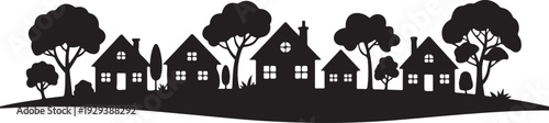 Black silhouette of houses and trees on a hill