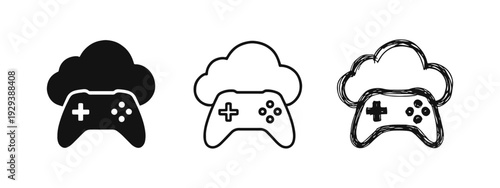 Cloud Gaming Controller Icon Set, Gamepad with Cloud Technology Vector Symbols