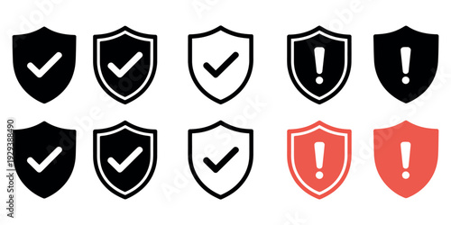 Safety Shield Icon Set, Protection Check and Warning Exclamation Vector Illustration