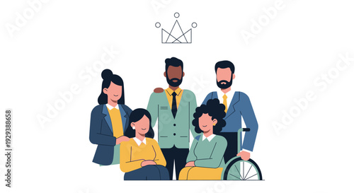 Diverse Business Team with Leadership Crown, Growth Arrows & Inclusivity - Success Concept