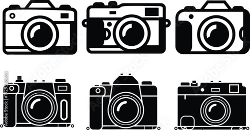 Set of classic and digital camera  icons and photography equipment vector illustrations featuring a vintage camera lens and shutter button design objects