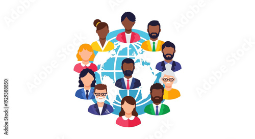 Diverse Global Community Network: People Avatars Around World Globe Illustrating International Connection and Inclusion