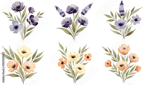 A collection of six delicate watercolor floral bouquets featuring purple, lavender, yellow, and peach flowers with green leaves on a white background.