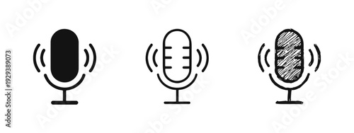 Microphone Icons Set with Sound Waves. Recording and Audio Broadcast Symbols in Various Styles.