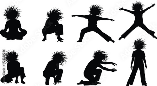 Energetic dancer silhouette collection with dynamic jumping, crouching and expressive poses isolated on white background vector illustration