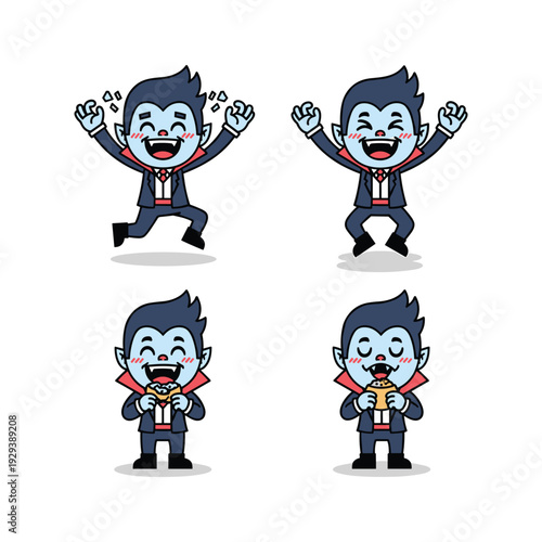 Cartoon vampire character in various happy poses with red cape