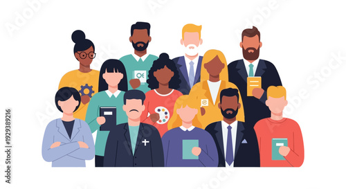 Diverse Professional Group Illustration: Inclusive Teamwork, Collaboration, and Modern Community