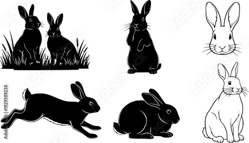 Black rabbit silhouettes set, sitting and running hare vector icons isolated on white background.