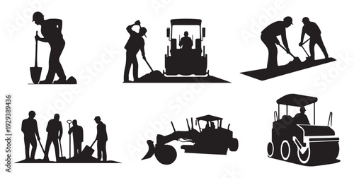Road construction worker silhouettes with heavy equipment, engineering tools and asphalt paving machinery vector set.