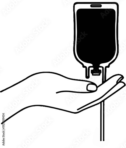 Hand supporting an IV bag with dark liquid, symbolizing care