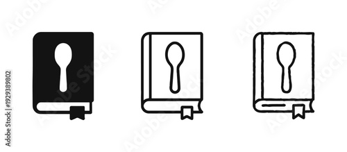 Cookbook icon set with spoon symbol and bookmark. Recipe book, culinary guide, and cooking instructions vector illustration.