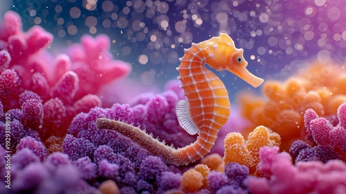 A small orange and white sea star is swimming in a colorful coral reef