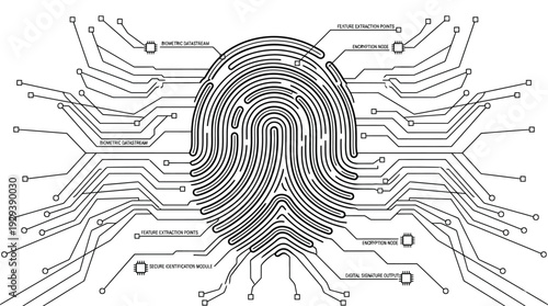 A unique hand drawn vector illustration of a biometric fingerprint pattern integrated with digital circuit board technology for secure identity and criminal investigation