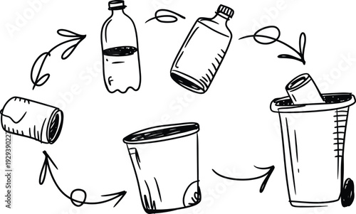 Hand drawn recycling process of plastic bottles and aluminum cans into a waste bin
